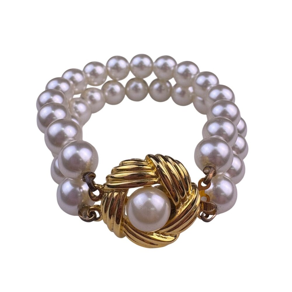 Vintage Faux Pearl Gold Tone Womens Two-Strand Bracelet Knot Clasp Elegant